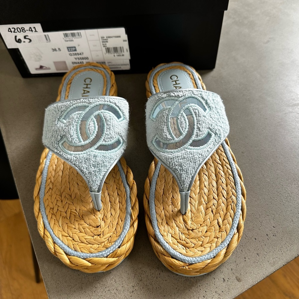 Chanel Blue Espadrille CC Sandals, Size 36.5 (US 6.5), NEW!